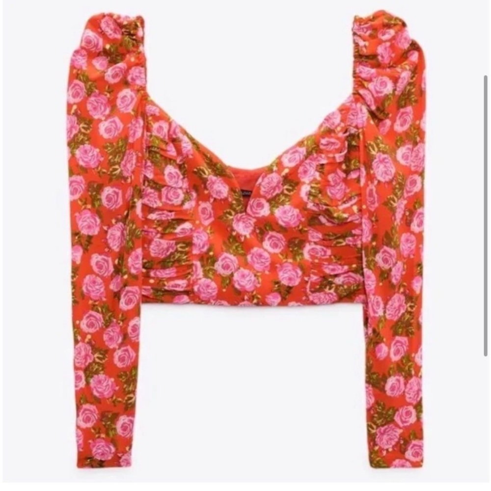 ZARA pink floral deep v crop long sleeve blouse xs top